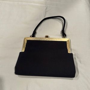 Vintage hinge open clutch, arm strap, black with bronze metal accents